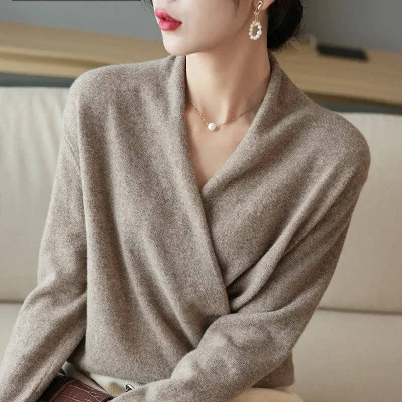 Women's V-Neck Wrap Sweater with Long Sleeves