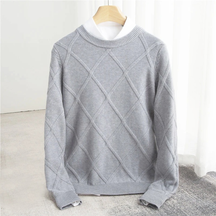 Men's Round Neck Wool Sweater with Argyle Pattern and Ribbed Edges
