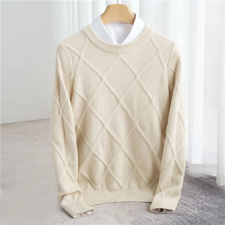 Men's Round Neck Wool Sweater with Argyle Pattern and Ribbed Edges
