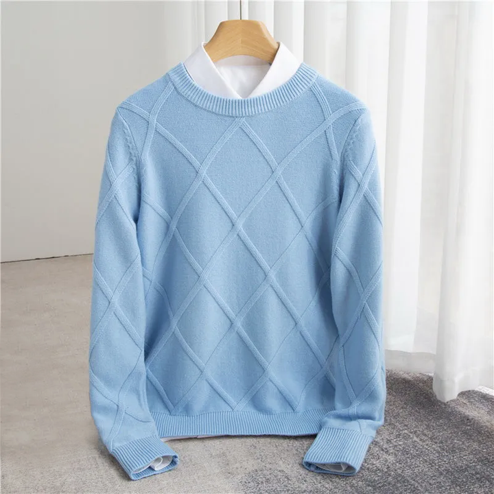 Men's Round Neck Wool Sweater with Argyle Pattern and Ribbed Edges
