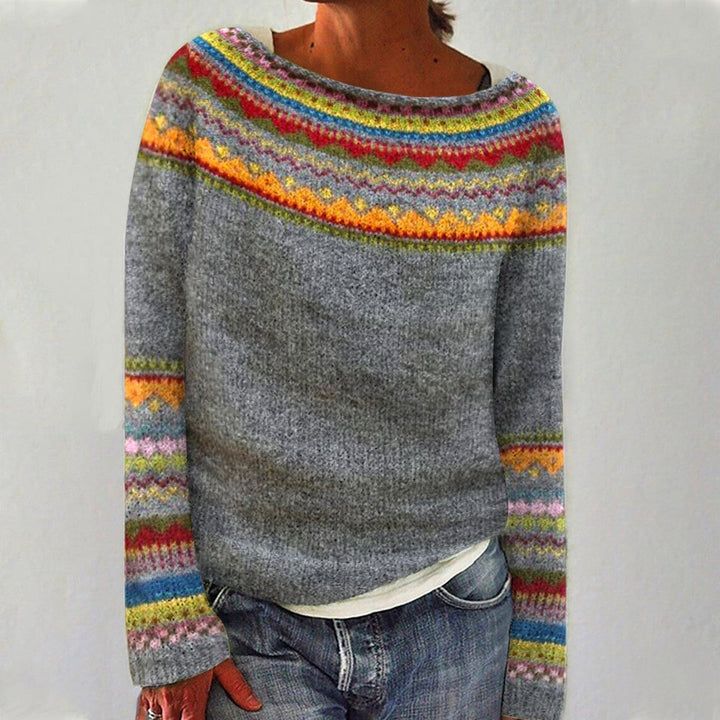 Women's Knit Sweater with Round Neck and Jacquard Pattern