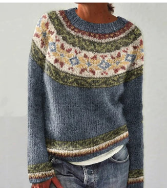 Women's Knit Sweater with Round Neck and Jacquard Pattern