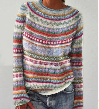 Women's Knit Sweater with Round Neck and Jacquard Pattern