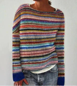 Women's Knit Sweater with Round Neck and Jacquard Pattern