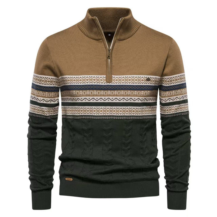 Men's High Neck Half-Zip Sweater with Jacquard Pattern