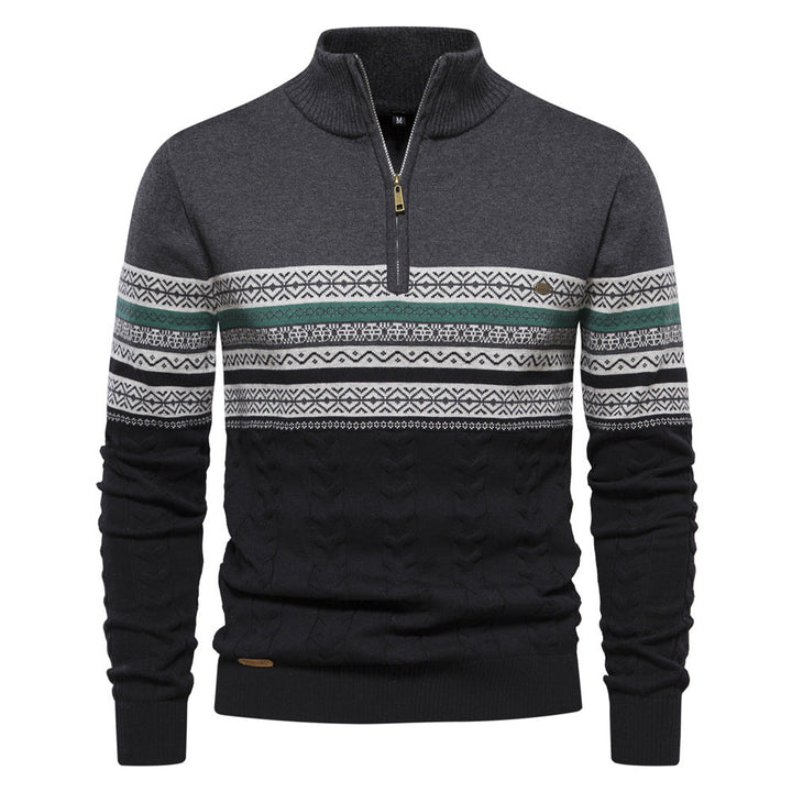 Men's High Neck Half-Zip Sweater with Jacquard Pattern