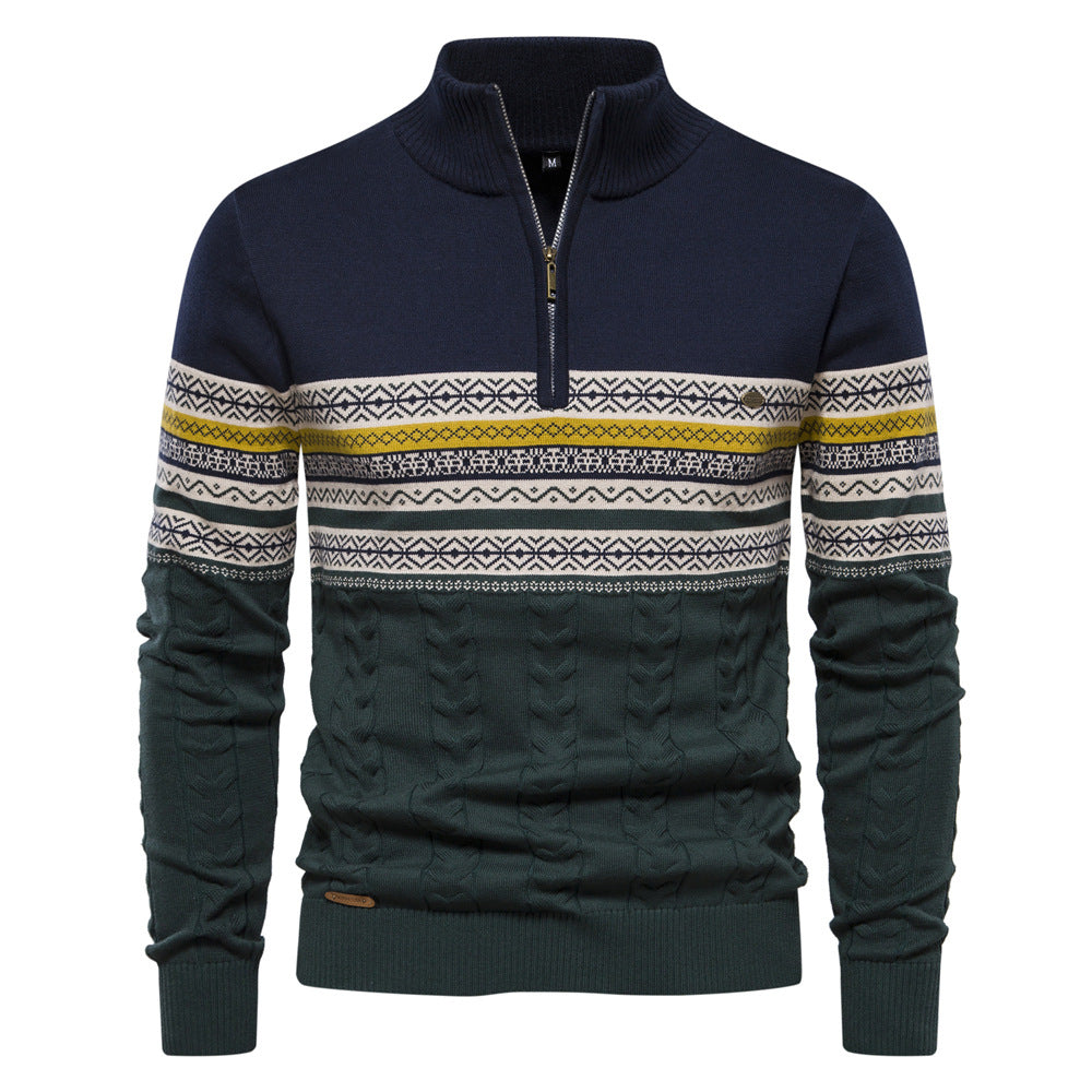 Men's High Neck Half-Zip Sweater with Jacquard Pattern