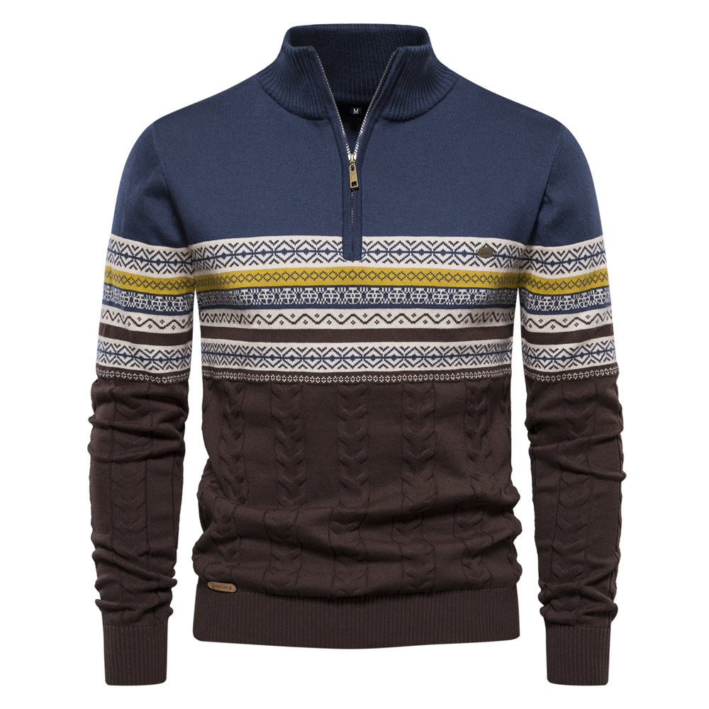 Men's High Neck Half-Zip Sweater with Jacquard Pattern