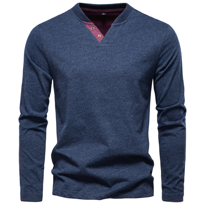 Men's V-Neck Sweater with Contrasting Button Placket