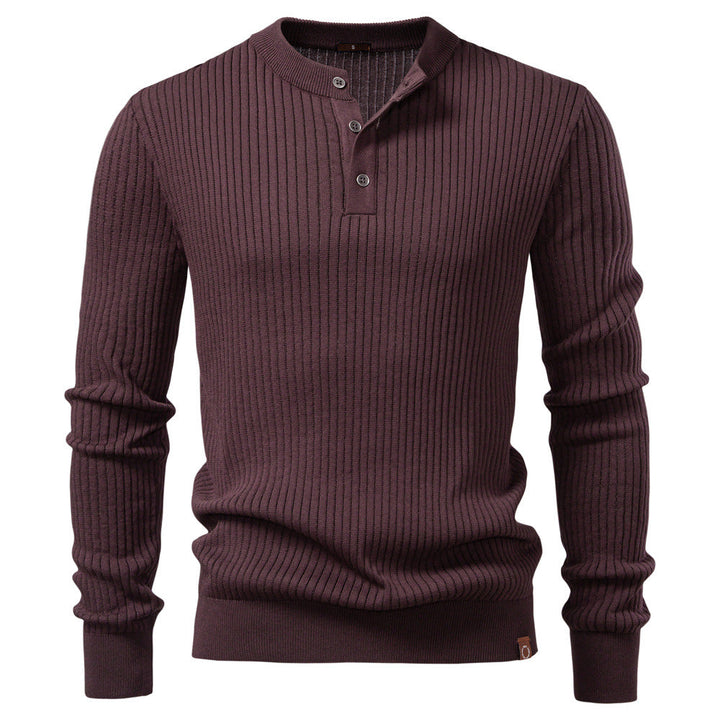 Men's Ribbed Knit Sweater with Buttoned Collar and Long Sleeves