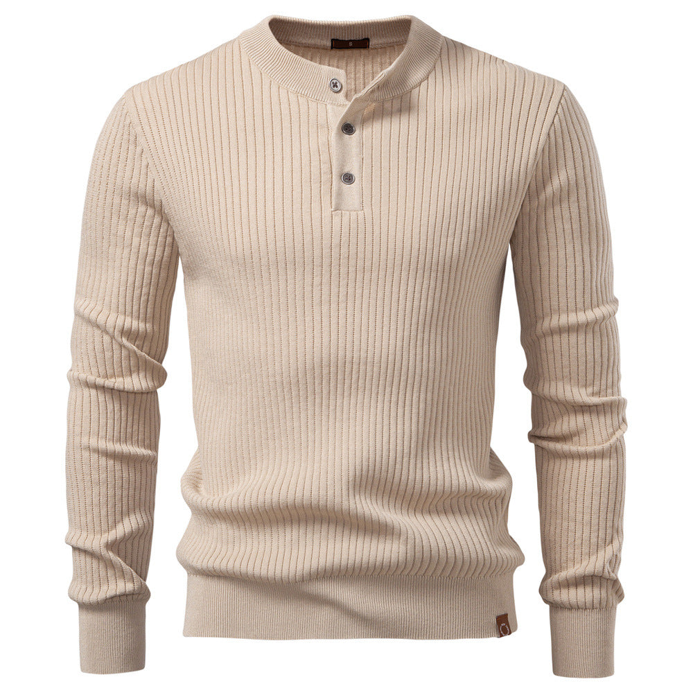 Men's Ribbed Knit Sweater with Buttoned Collar and Long Sleeves