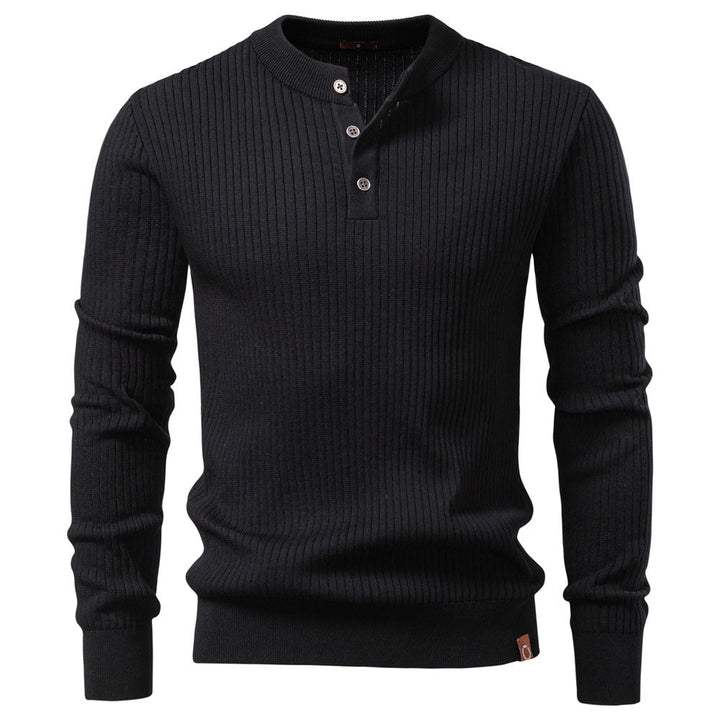 Men's Ribbed Knit Sweater with Buttoned Collar and Long Sleeves
