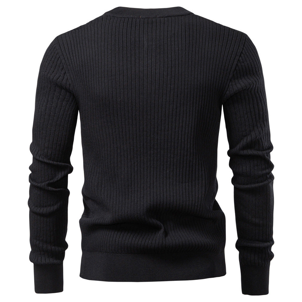 Men's Ribbed Knit Sweater with Buttoned Collar and Long Sleeves