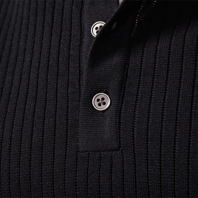 Men's Ribbed Knit Sweater with Buttoned Collar and Long Sleeves