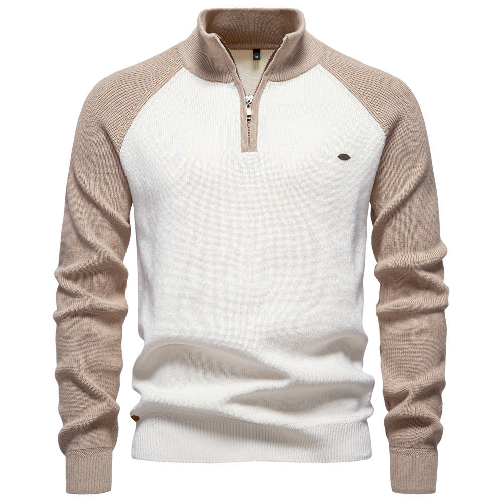 Men's Knit Pullover with High Collar, Half-Zip, Raglan Sleeves