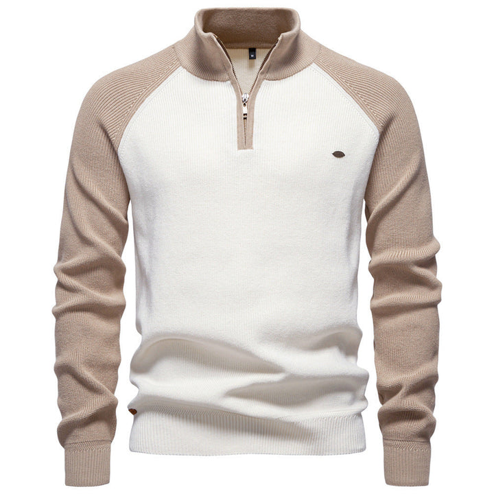 Men's Knit Pullover with High Collar, Half-Zip, Raglan Sleeves