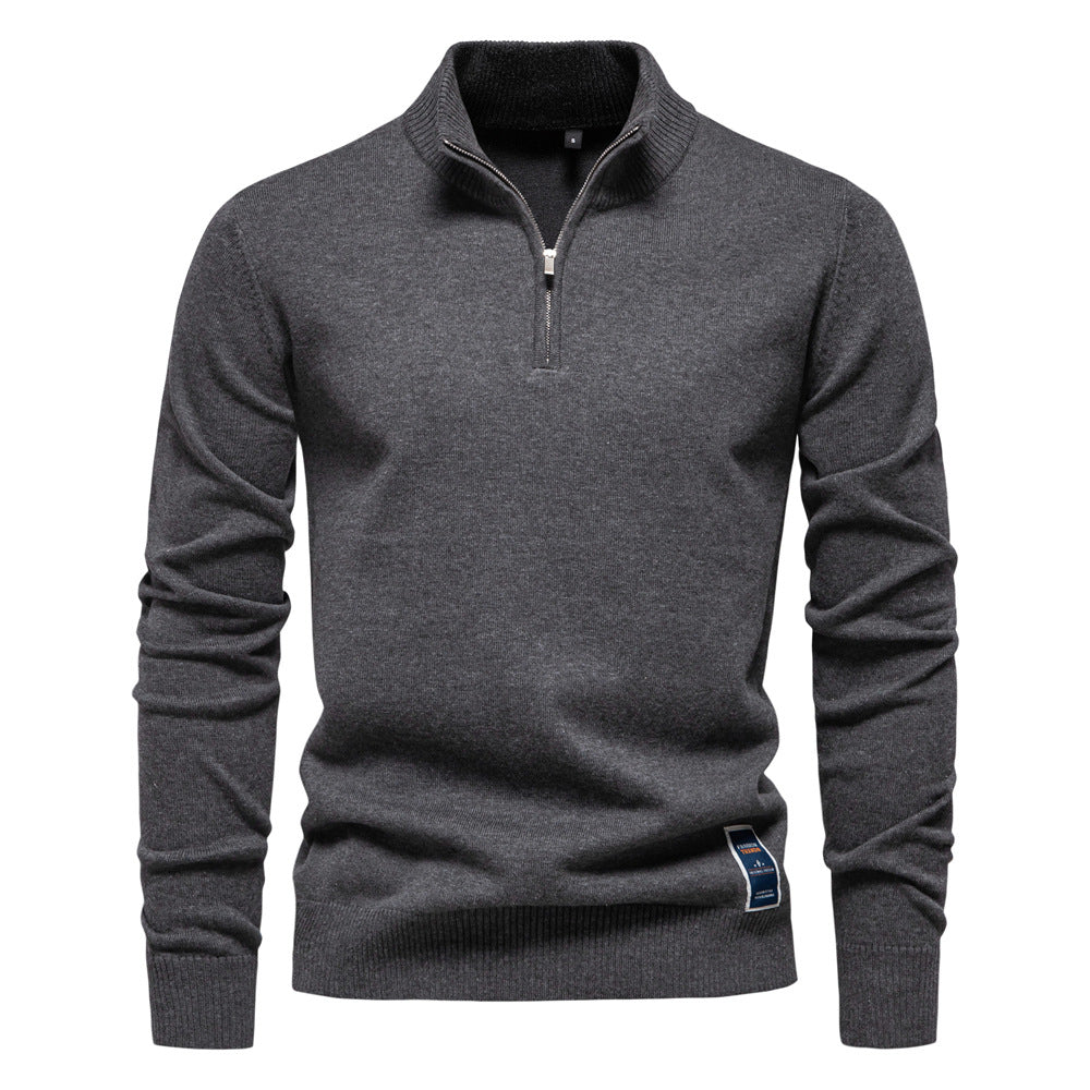 Men's Knit Sweater with High Collar and Half-Zip