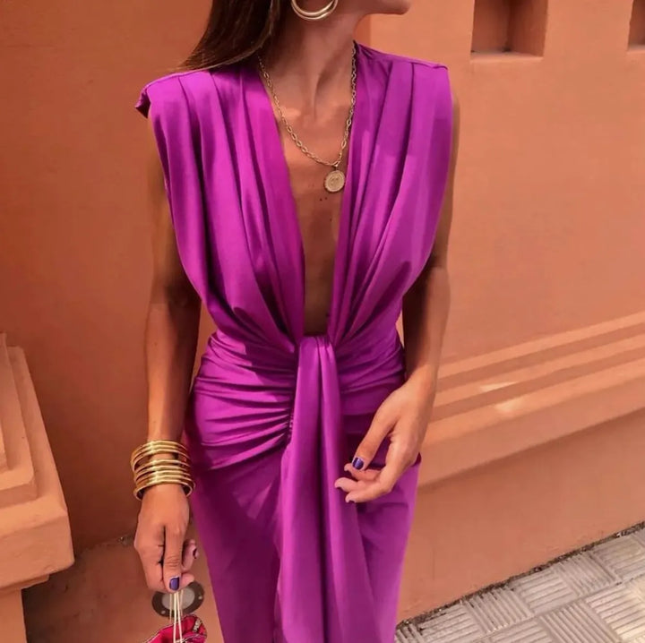 Elegant long women's dress draped V-neck sleeveless slit chic evening
