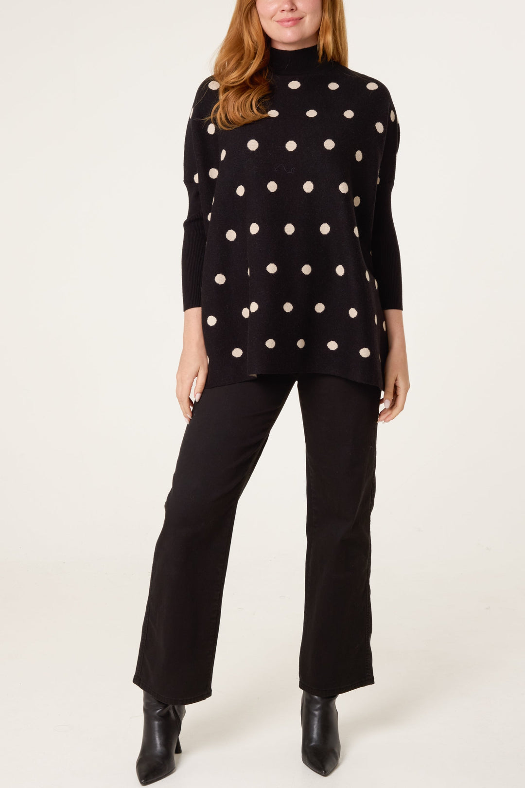 Ladies Polkadot Print Sweater – Knitted Pullover with Batwing Sleeves