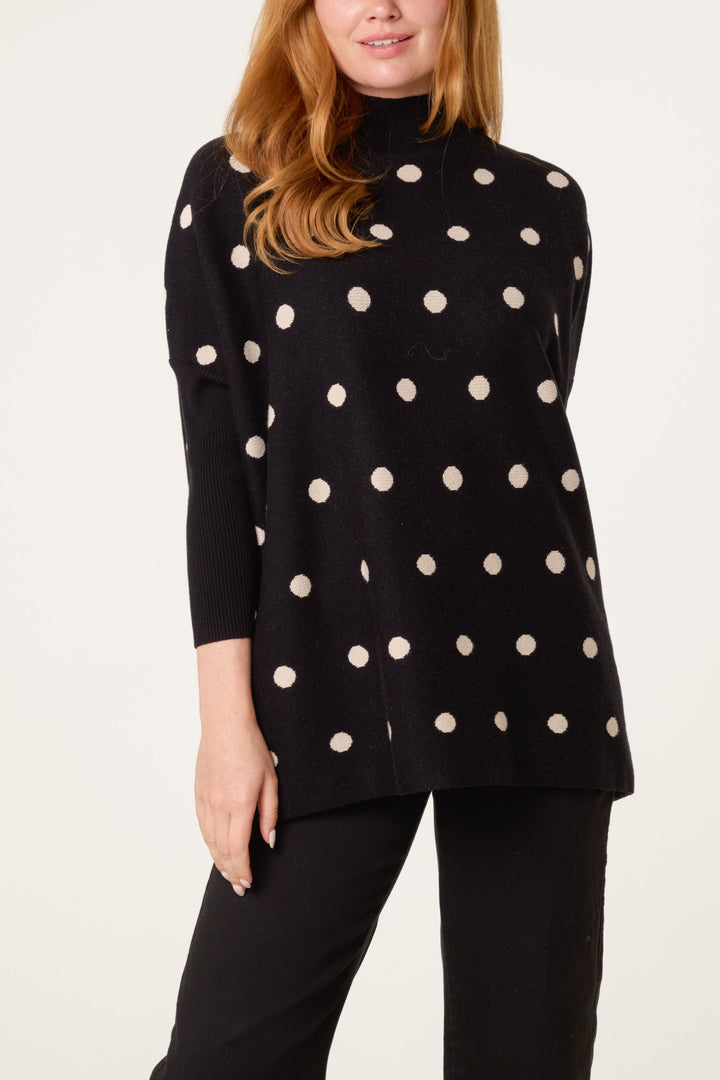 Ladies Polkadot Print Sweater – Knitted Pullover with Batwing Sleeves