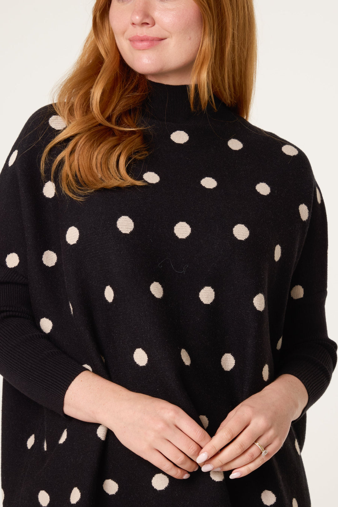 Ladies Polkadot Print Sweater – Knitted Pullover with Batwing Sleeves
