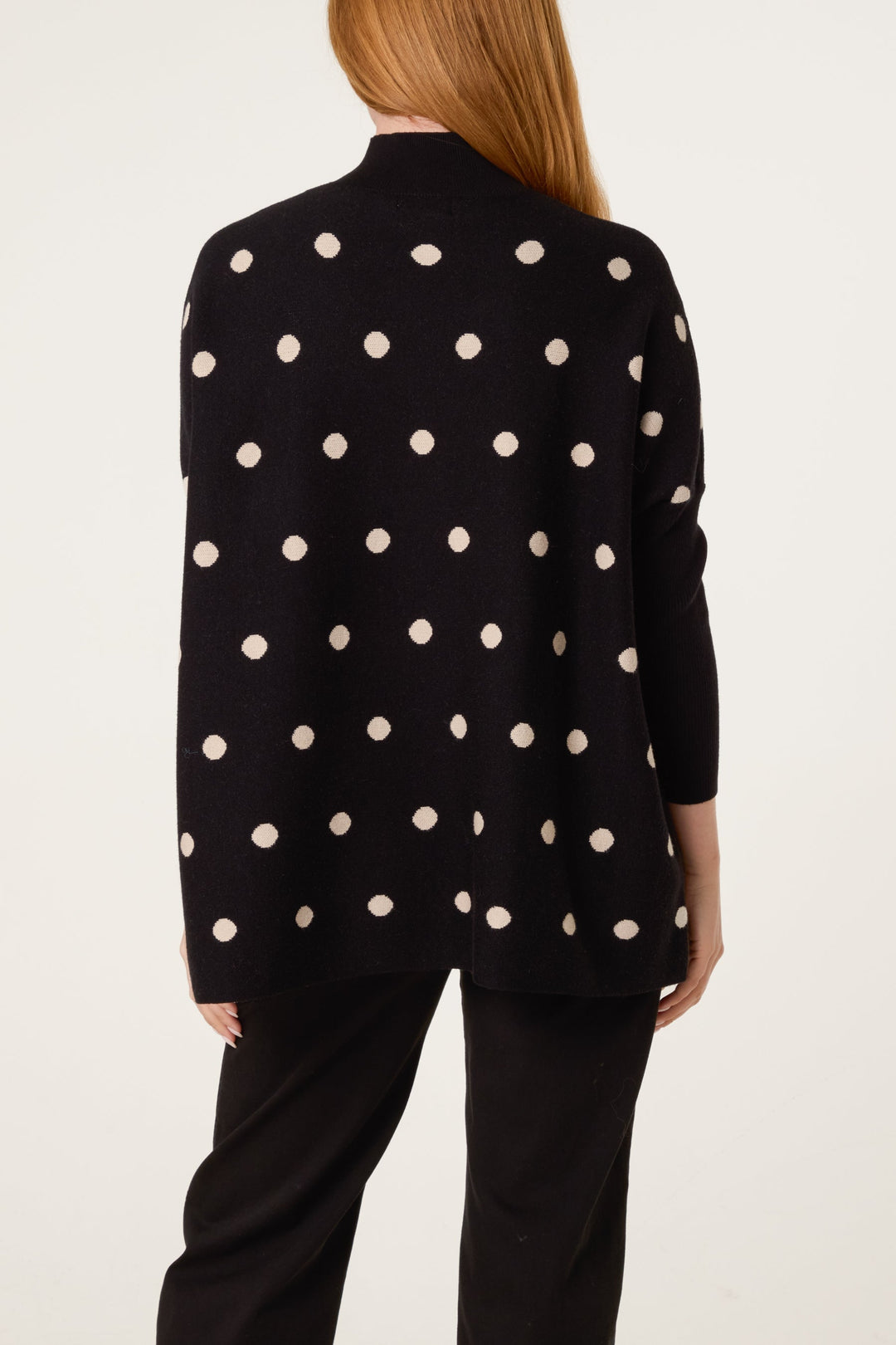Ladies Polkadot Print Sweater – Knitted Pullover with Batwing Sleeves