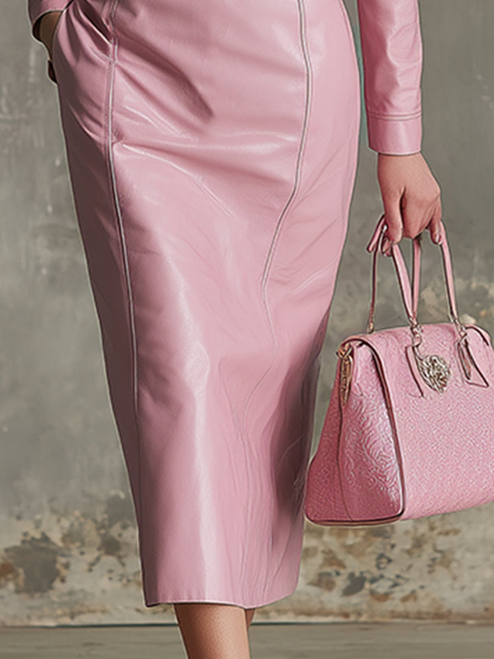 Elegant And Gentle Pink Faux Leather Midi Dress, view 4 - Elena Harper