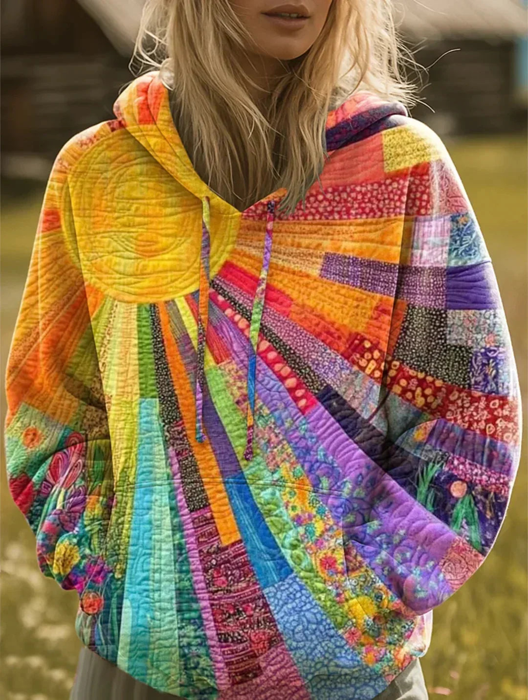 Women's Bohemian Multicolor Patchwork Hoodie for Effortless Style