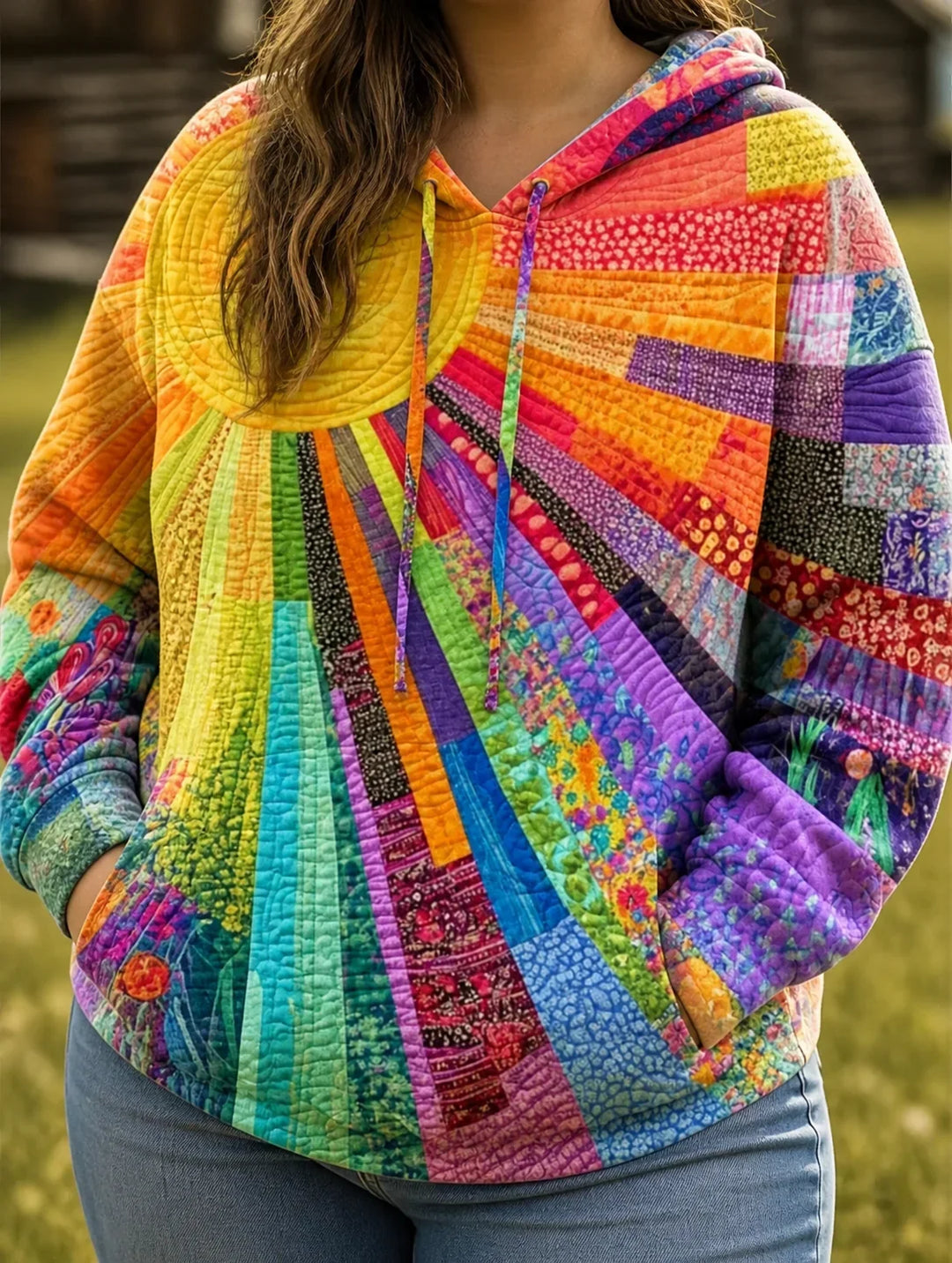 Women's Rainbow Patchwork Hoodie with Drawstring Hood - Elena Harper