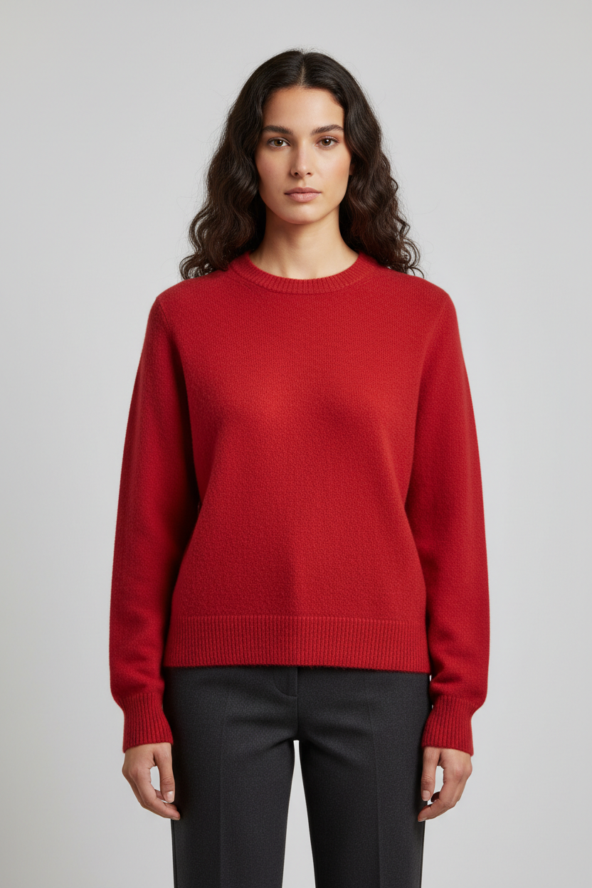 Ladies Fine Knitted Sweater with Round Neck and Ribbed Cuffs