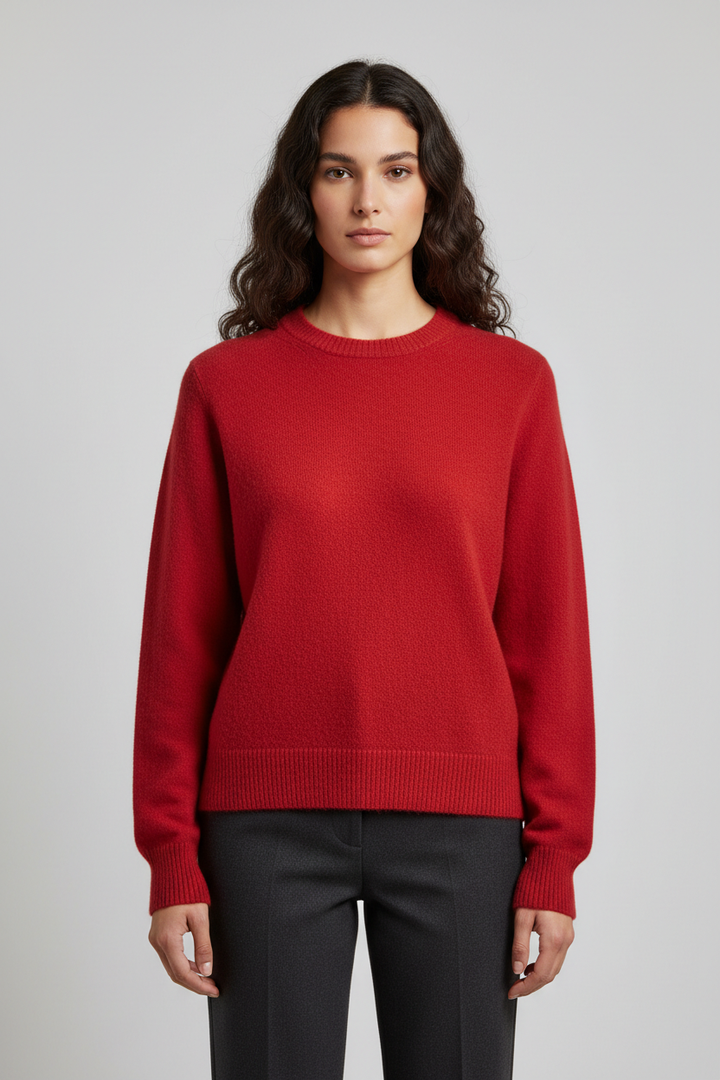 Ladies Fine Knitted Sweater with Round Neck and Ribbed Cuffs