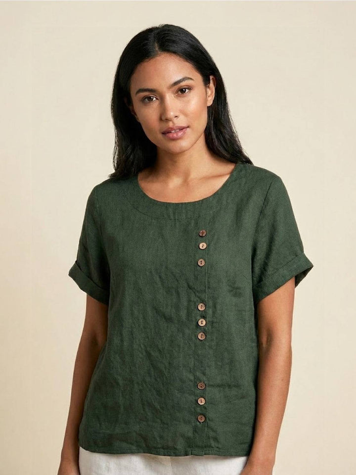 Margaret | Ladies Linen Round Neck Button Blouse