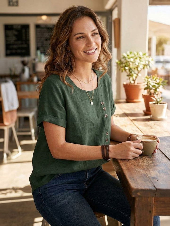 Margaret | Ladies Linen Round Neck Button Blouse