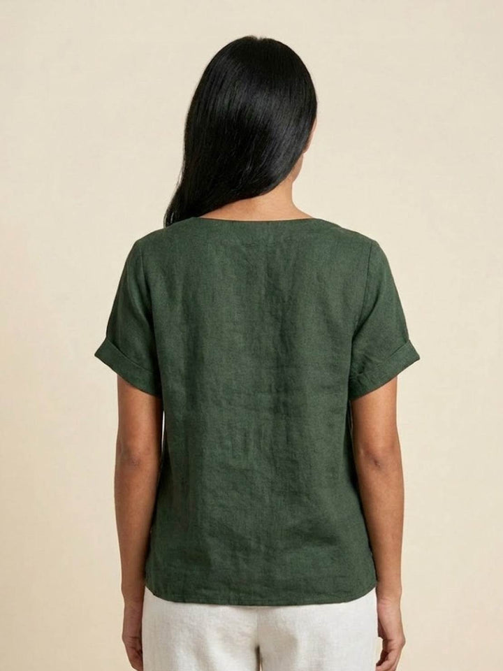 Margaret | Ladies Linen Round Neck Button Blouse