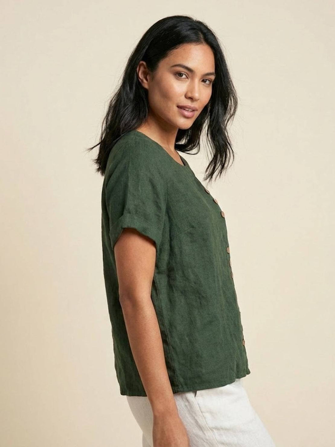 Margaret | Ladies Linen Round Neck Button Blouse