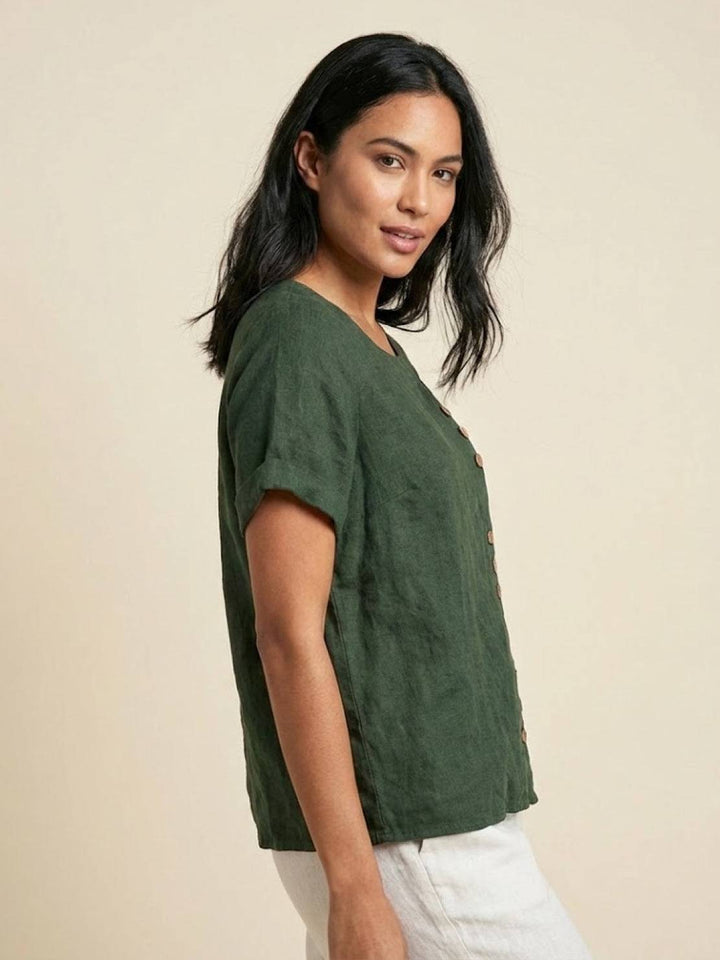 Margaret | Ladies Linen Round Neck Button Blouse