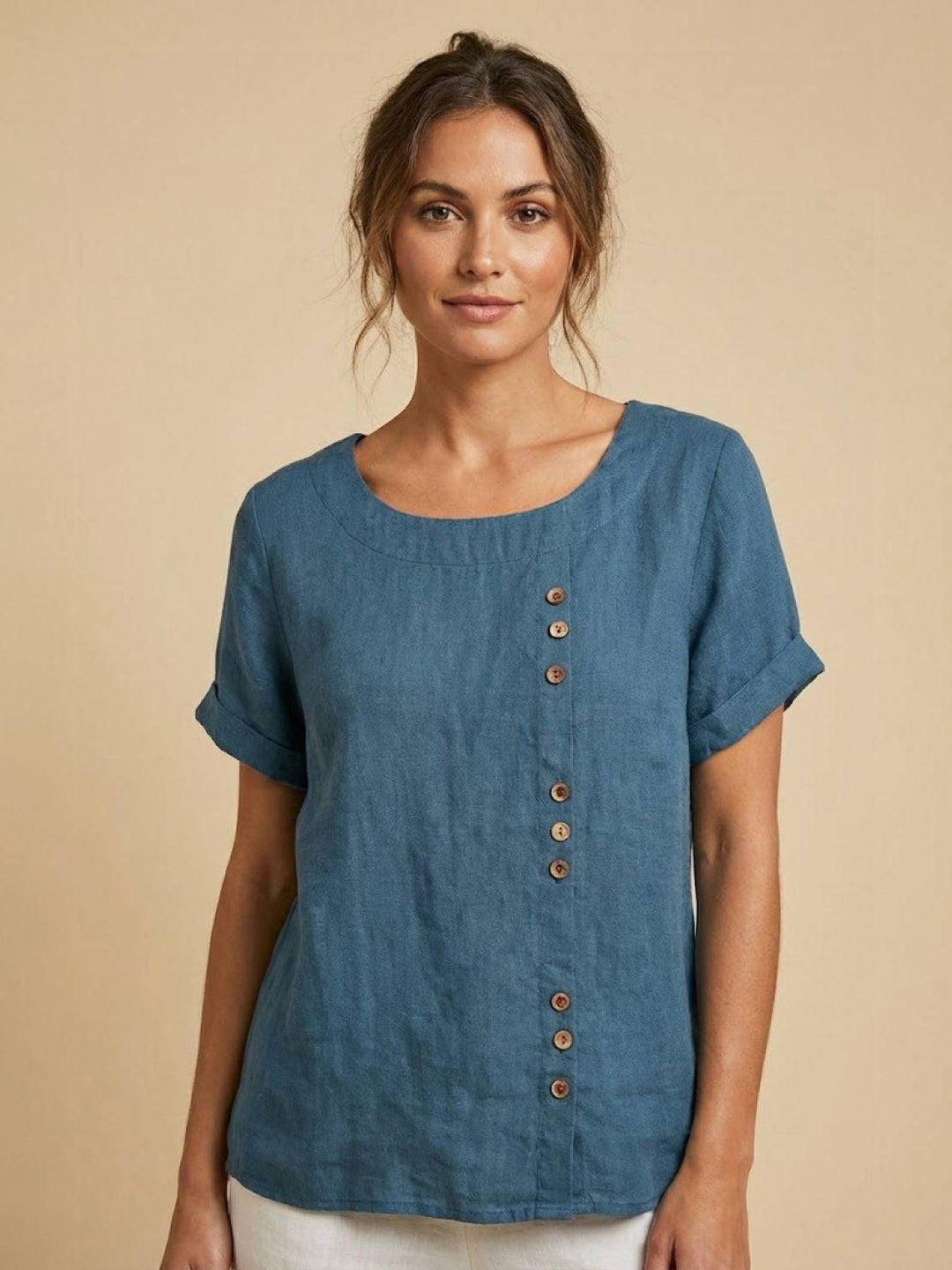 Margaret | Ladies Linen Round Neck Button Blouse