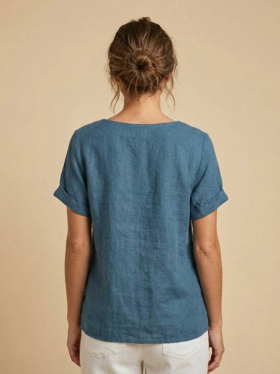 Margaret | Ladies Linen Round Neck Button Blouse