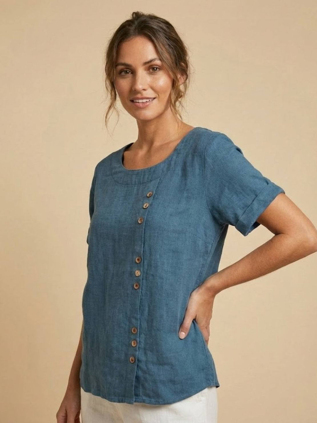 Margaret | Ladies Linen Round Neck Button Blouse