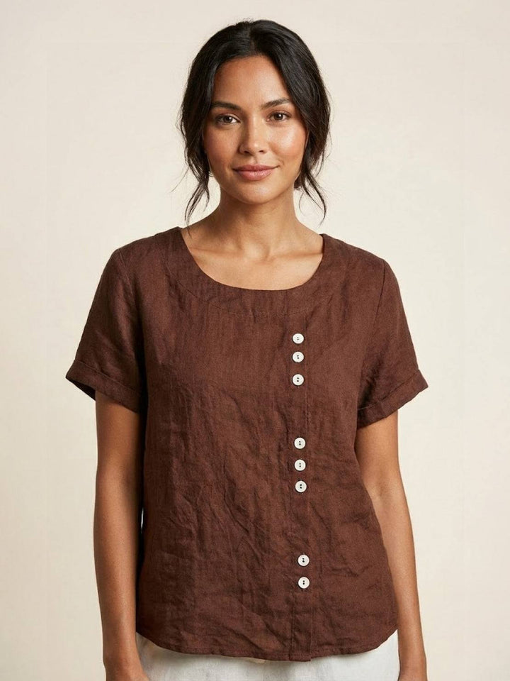 Margaret | Ladies Linen Round Neck Button Blouse