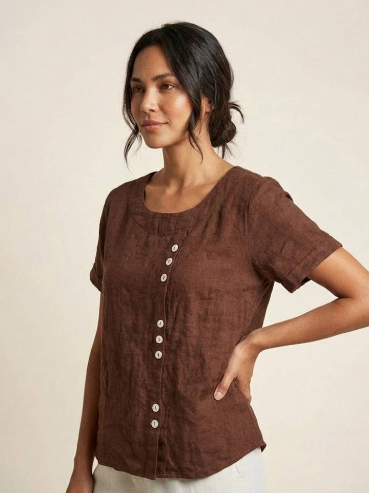 Margaret | Ladies Linen Round Neck Button Blouse