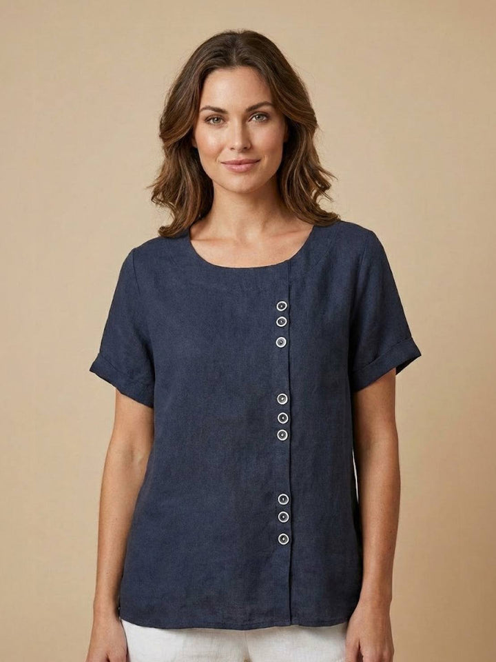 Margaret | Ladies Linen Round Neck Button Blouse