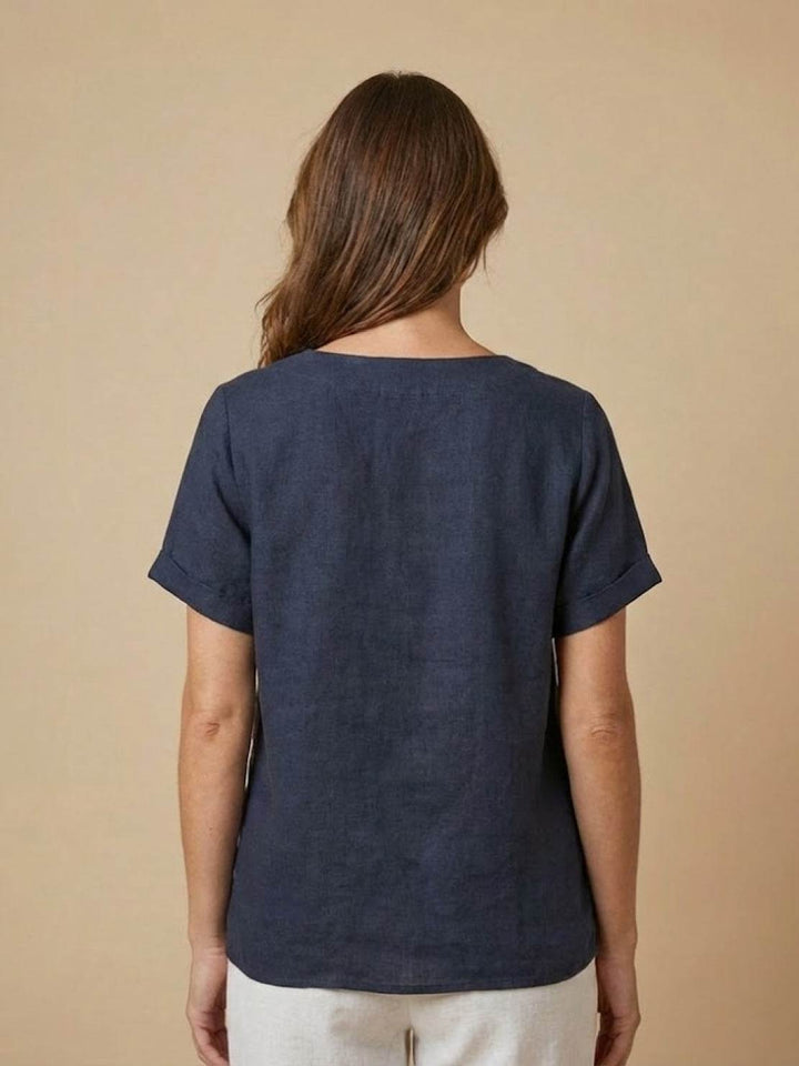 Margaret | Ladies Linen Round Neck Button Blouse