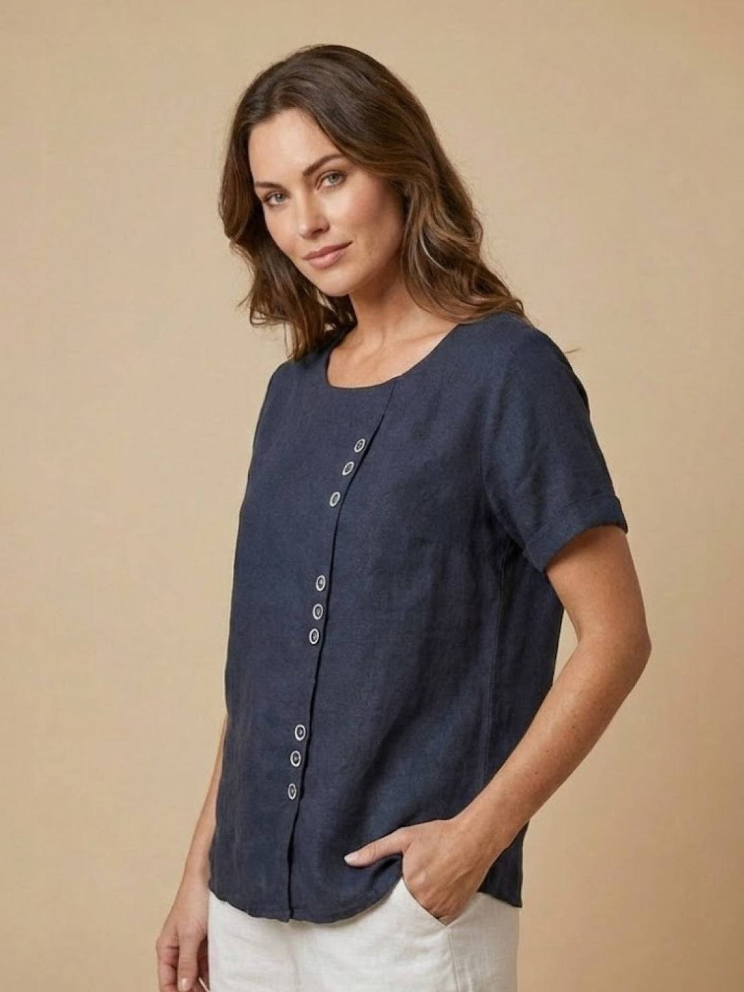 Margaret | Ladies Linen Round Neck Button Blouse
