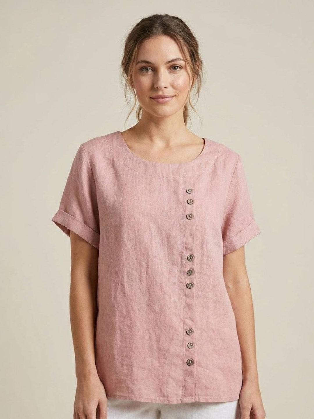 Margaret | Ladies Linen Round Neck Button Blouse