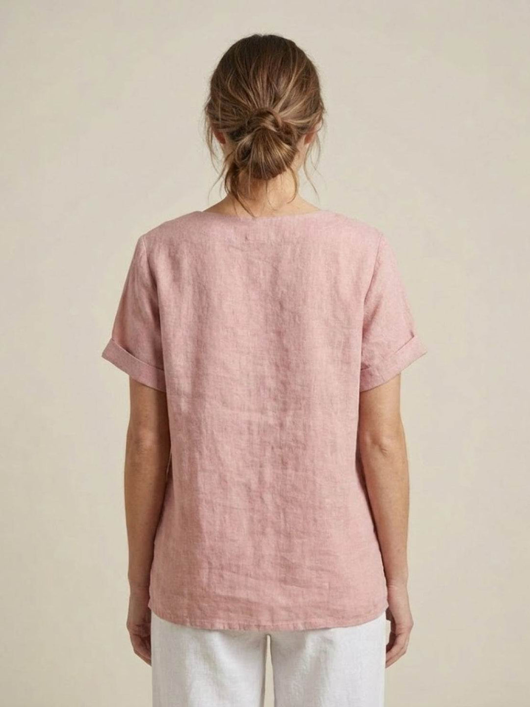 Margaret | Ladies Linen Round Neck Button Blouse