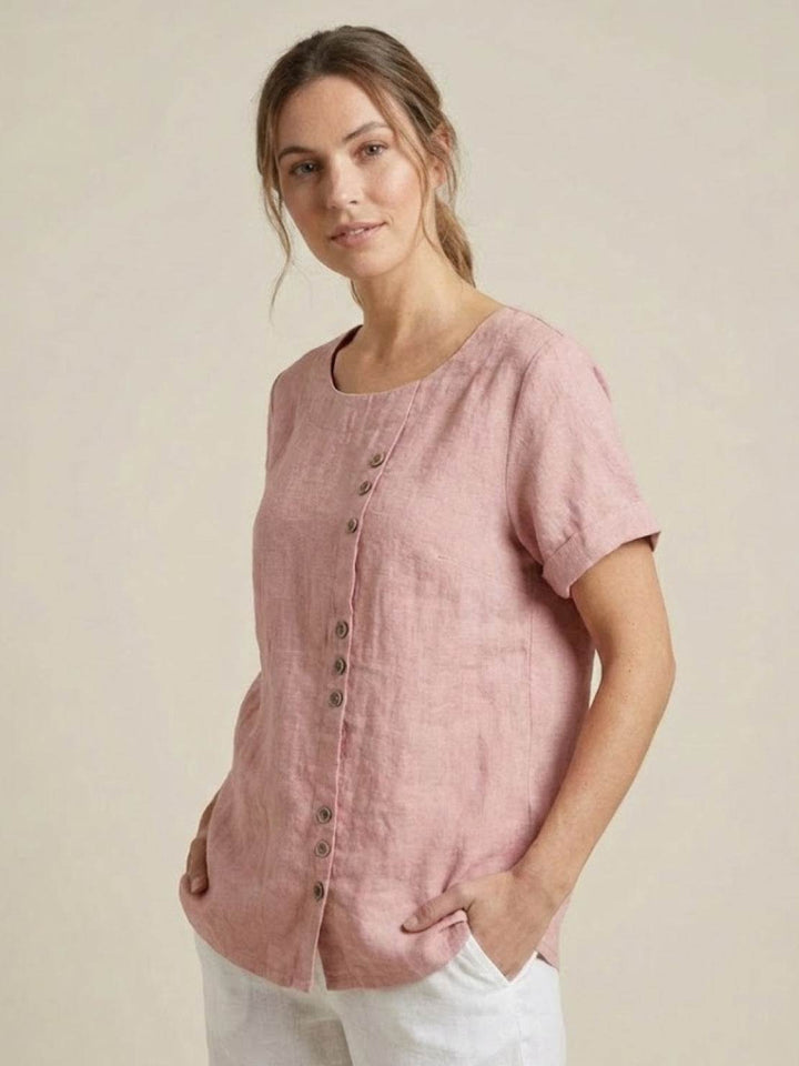 Margaret | Ladies Linen Round Neck Button Blouse