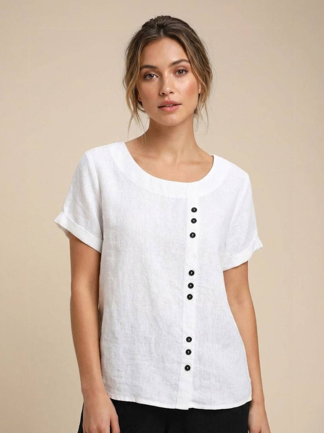 Margaret | Ladies Linen Round Neck Button Blouse