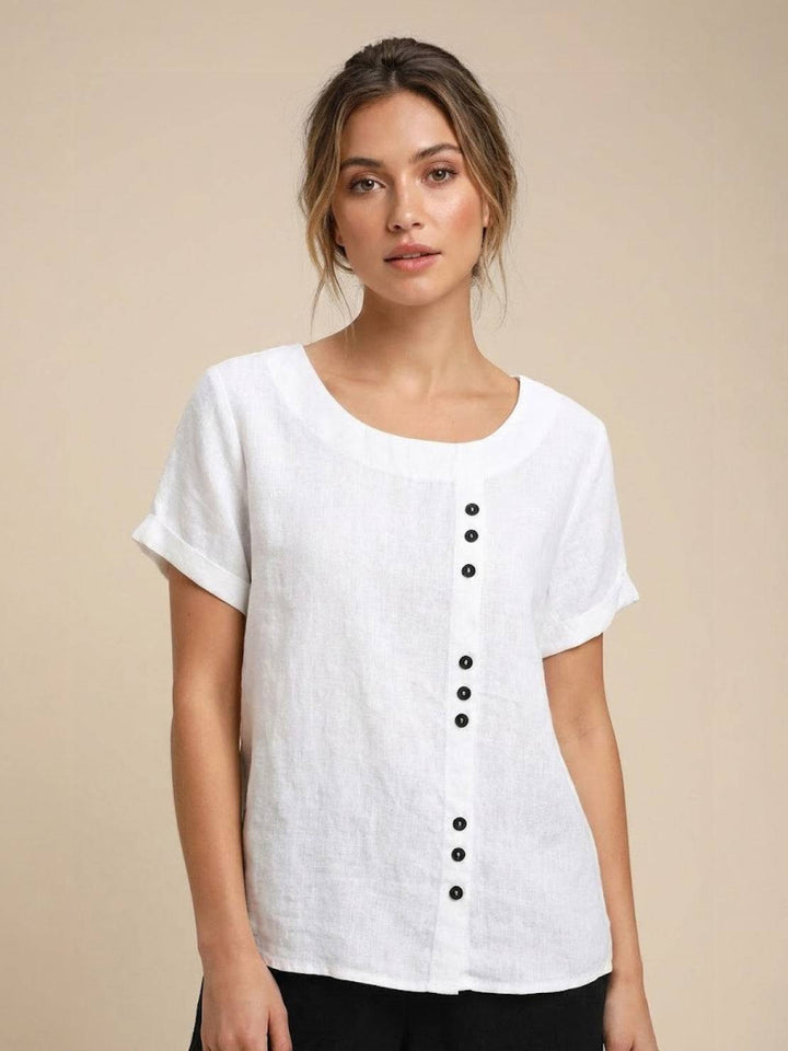 Margaret | Ladies Linen Round Neck Button Blouse