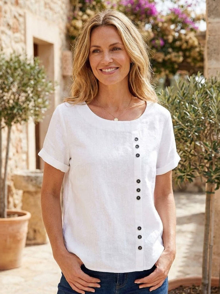 Margaret | Ladies Linen Round Neck Button Blouse